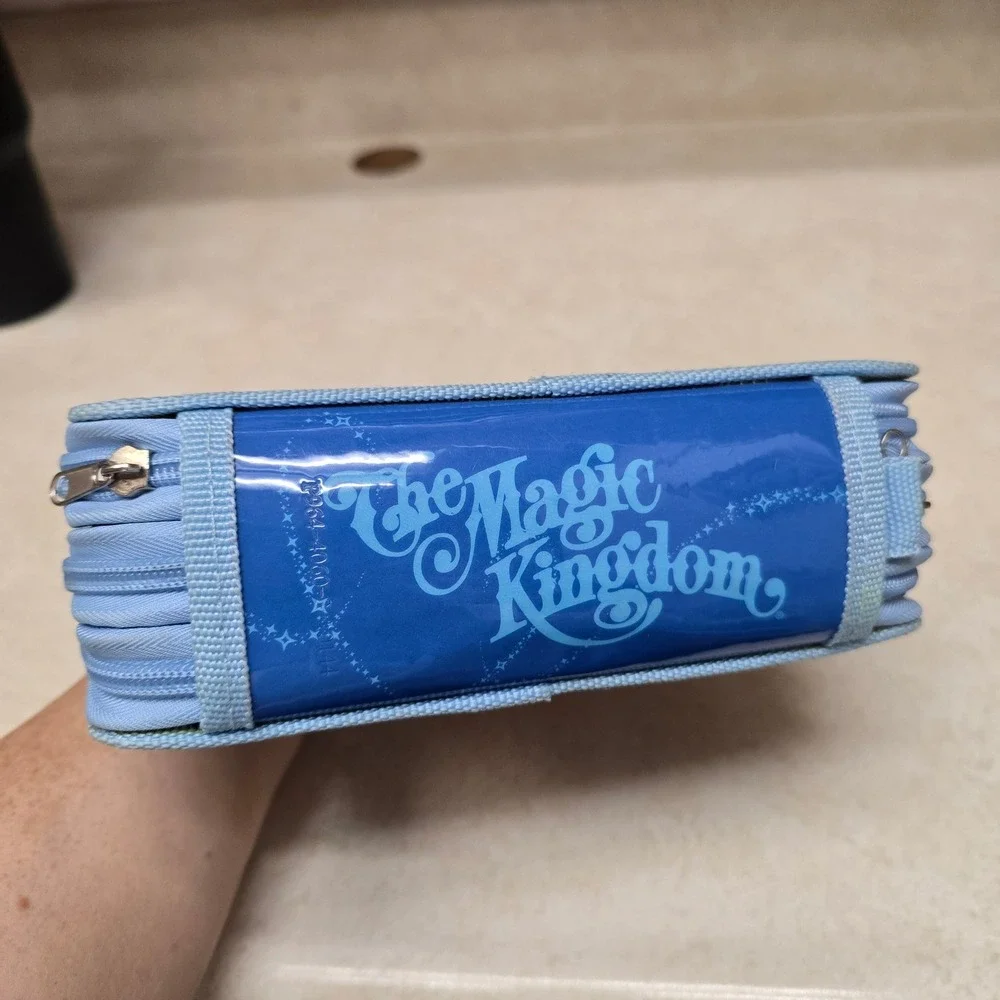 Disney World Magic Kingdom Pencil Case Vintage Blue Multi Zip Character Art Bag